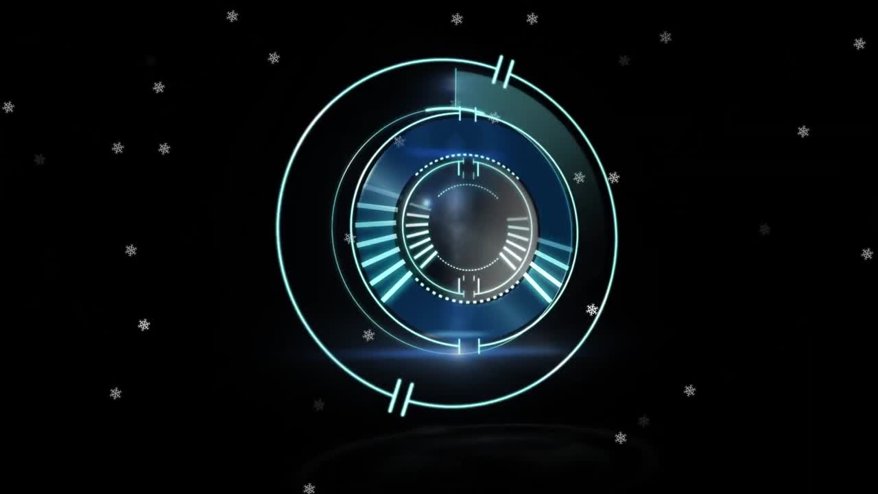 Animation of processing safe lock over snow falling on black background