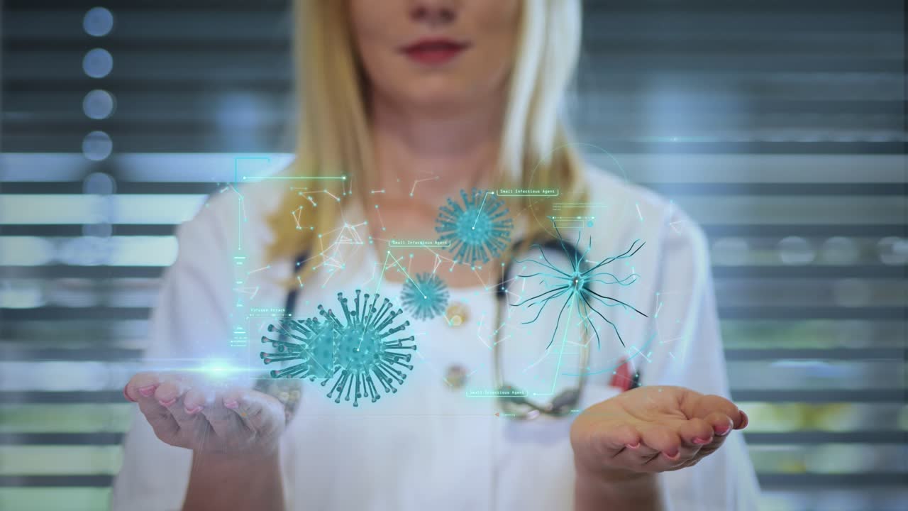 Female doctor analyzing viruses on a holographic HUD screen at the Hospital
