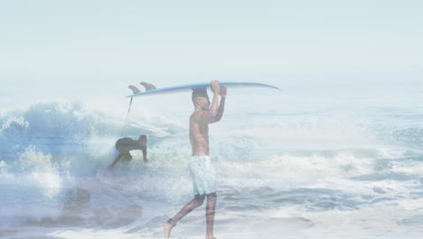 animación de doble exposición de personas que surfean