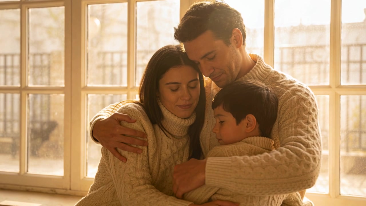 Sunlight flooding family holding and soothing child at home by multi-pane window, cable sweaters