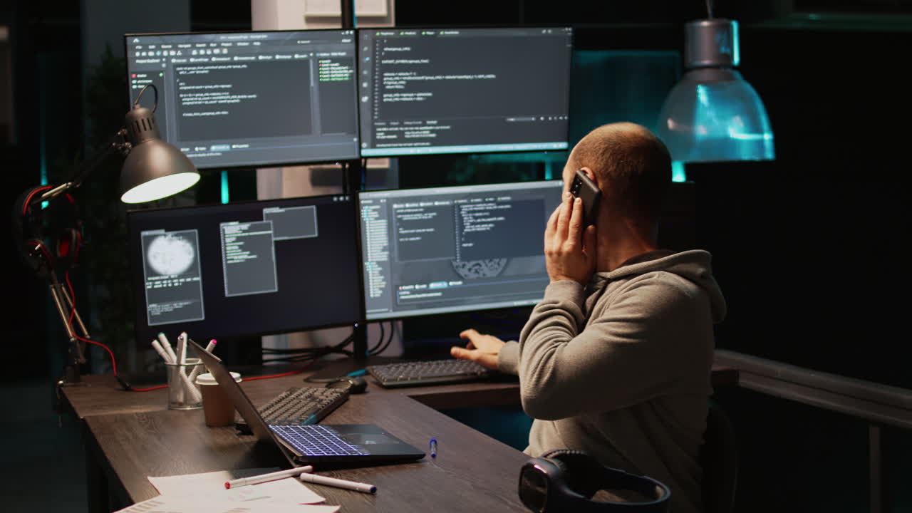 Programmer working at desk with multiple screens
