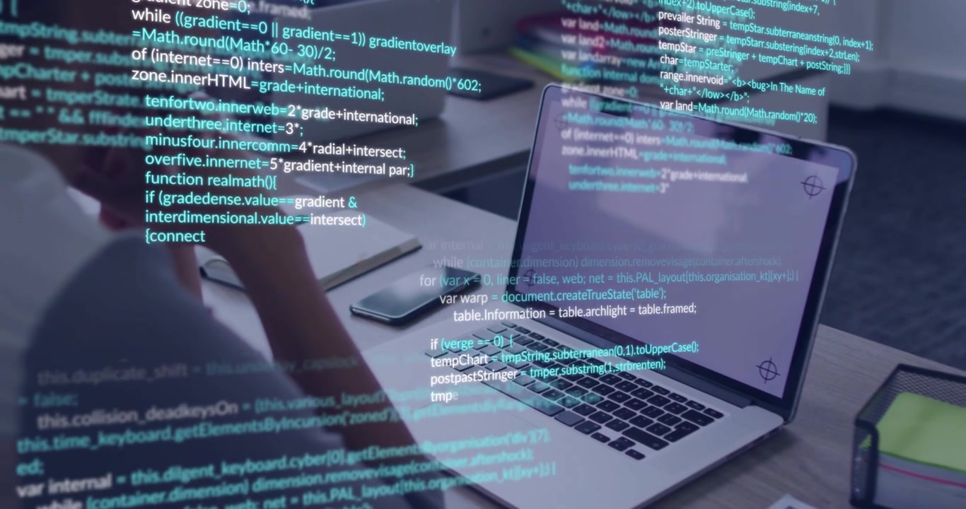 Tech dev leaning forward, moving hand toward keys, causing code overlay to fill view for debug