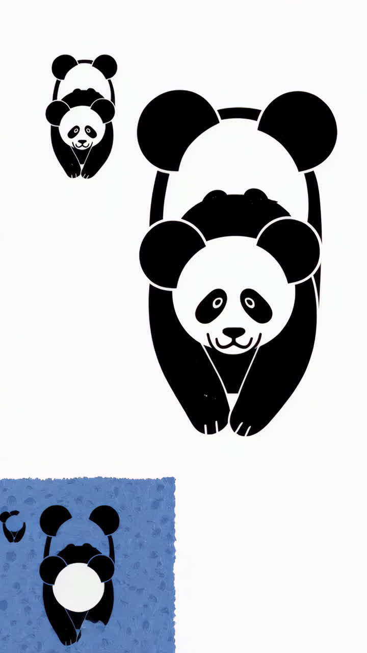 Collection of Stylized Panda Illustrations with Abstract Graphic Elements and Color Blocks