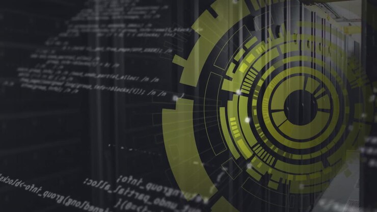 Animation of spinning round scanner and data processing against computer server room