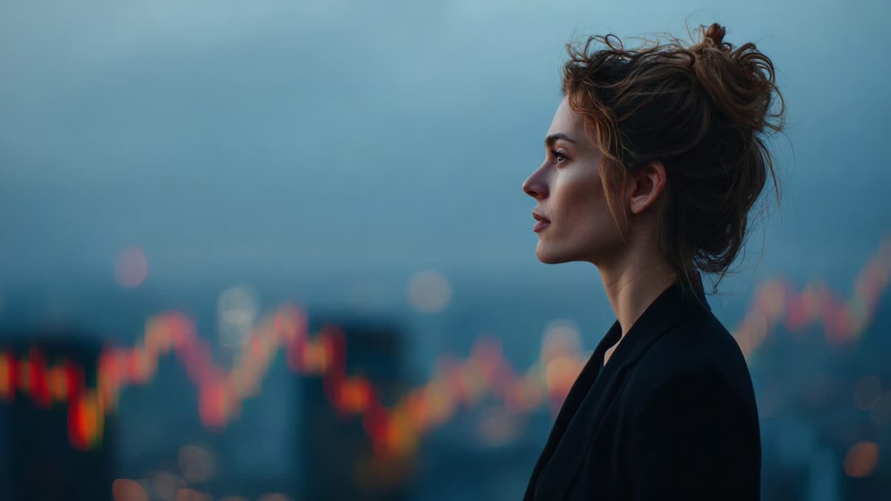 Woman in Profile Against a Skyline, Contemplating Market Trends Amidst a Dusk Setting with Emerging Graphical Data Indicating Growth and Change