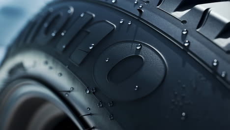 close-up of a wet tire with water droplets on the sidewall