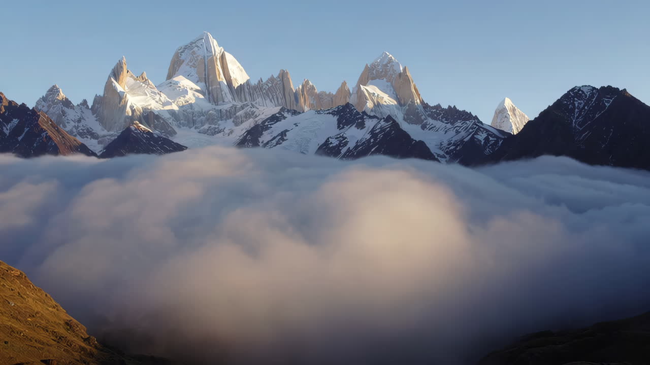 Maestose montagne Fitz Roy che svettano sopra le nuvole all'alba