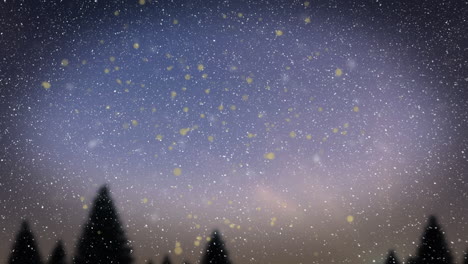animation of yellow spots and snow falling over winter landscape with tall trees