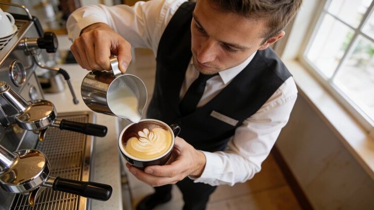 Inizio della versata, barista in gilet che versa il latte da una brocca d'acciaio creando latte art al bancone del caffè.