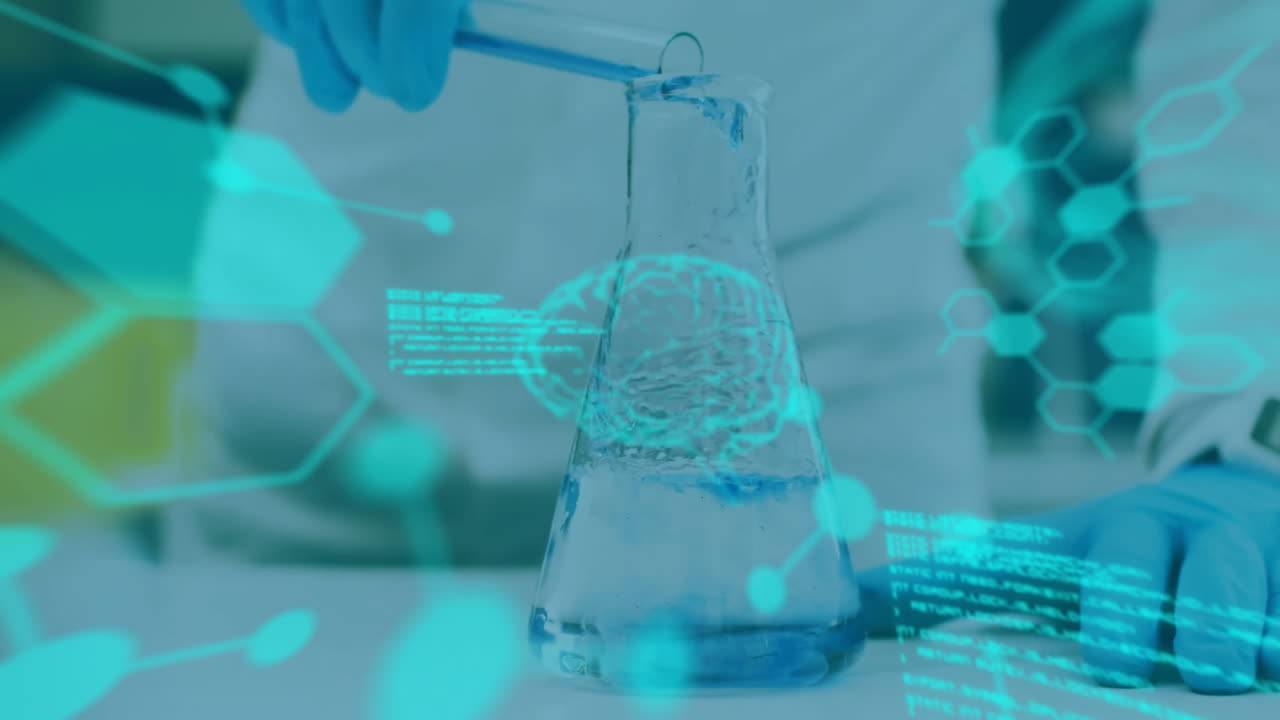 verter líquido en el frasco, datos científicos y animación cerebral sobre la escena de laboratorio