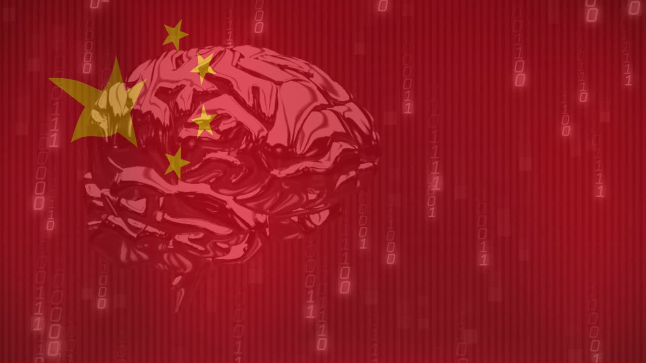 animación de la bandera de china y procesamiento de datos de codificación binaria sobre el cerebro humano