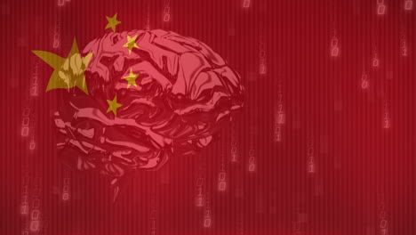 animation of flag of china and binary coding data processing over human brain