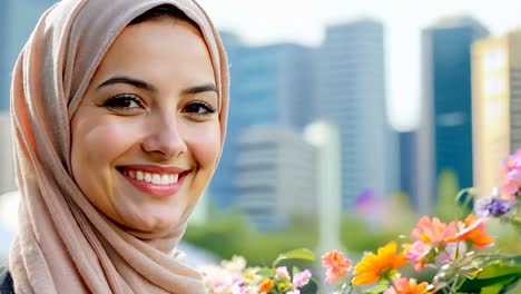 a woman wearing a headscarf smiles at the camera