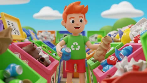 an engaging character promoting recycling by collecting various recyclable materials in a colorful environment filled with waste bins and lush greenery