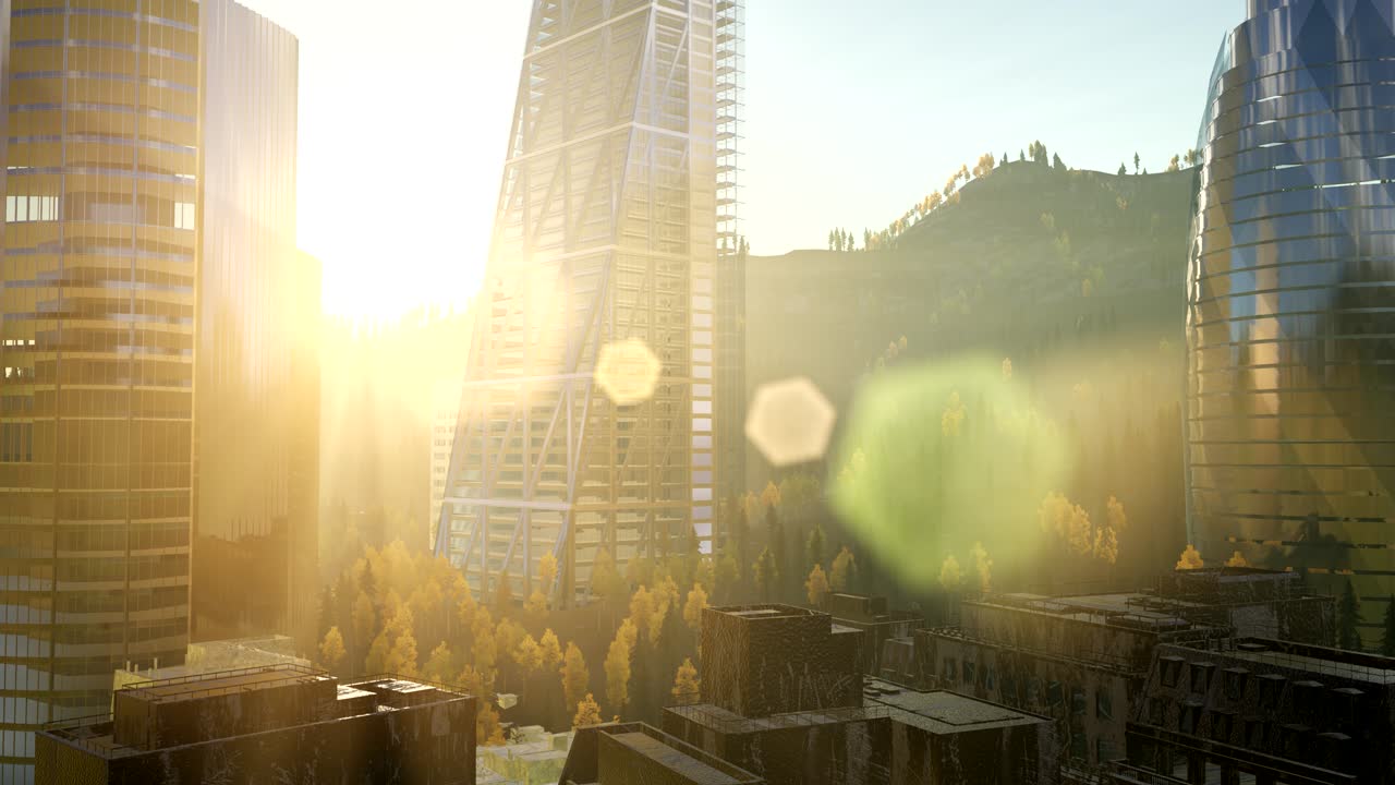 해가 지는 동안 렌즈로 빛나는 도시 마천루