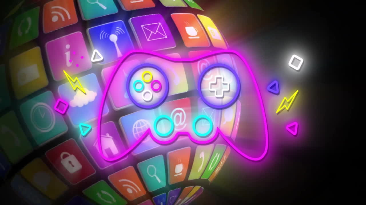 animación del icono del controlador de juego sobre iconos de aplicaciones coloridos en una superficie esférica
