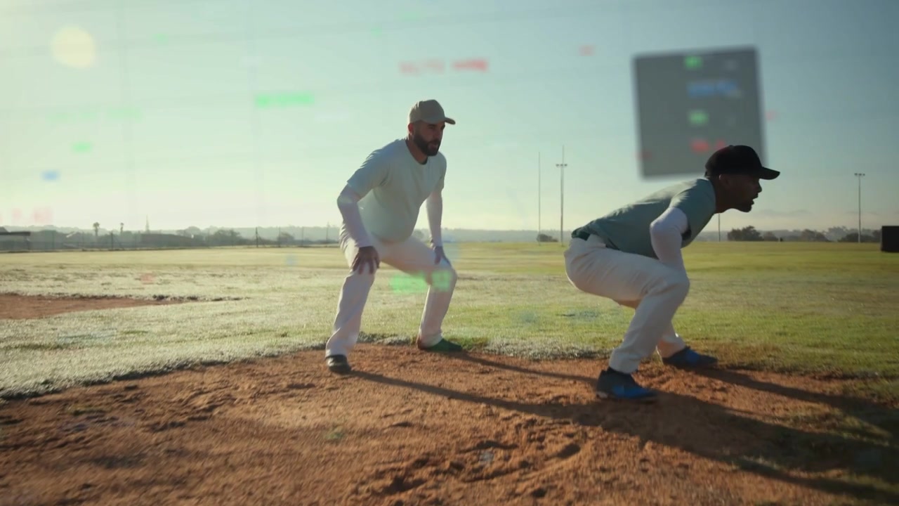 Trenér a hráč si plácají pěstí a zahajují baseballový trénink, animované šipky ukazující formu dřepu.