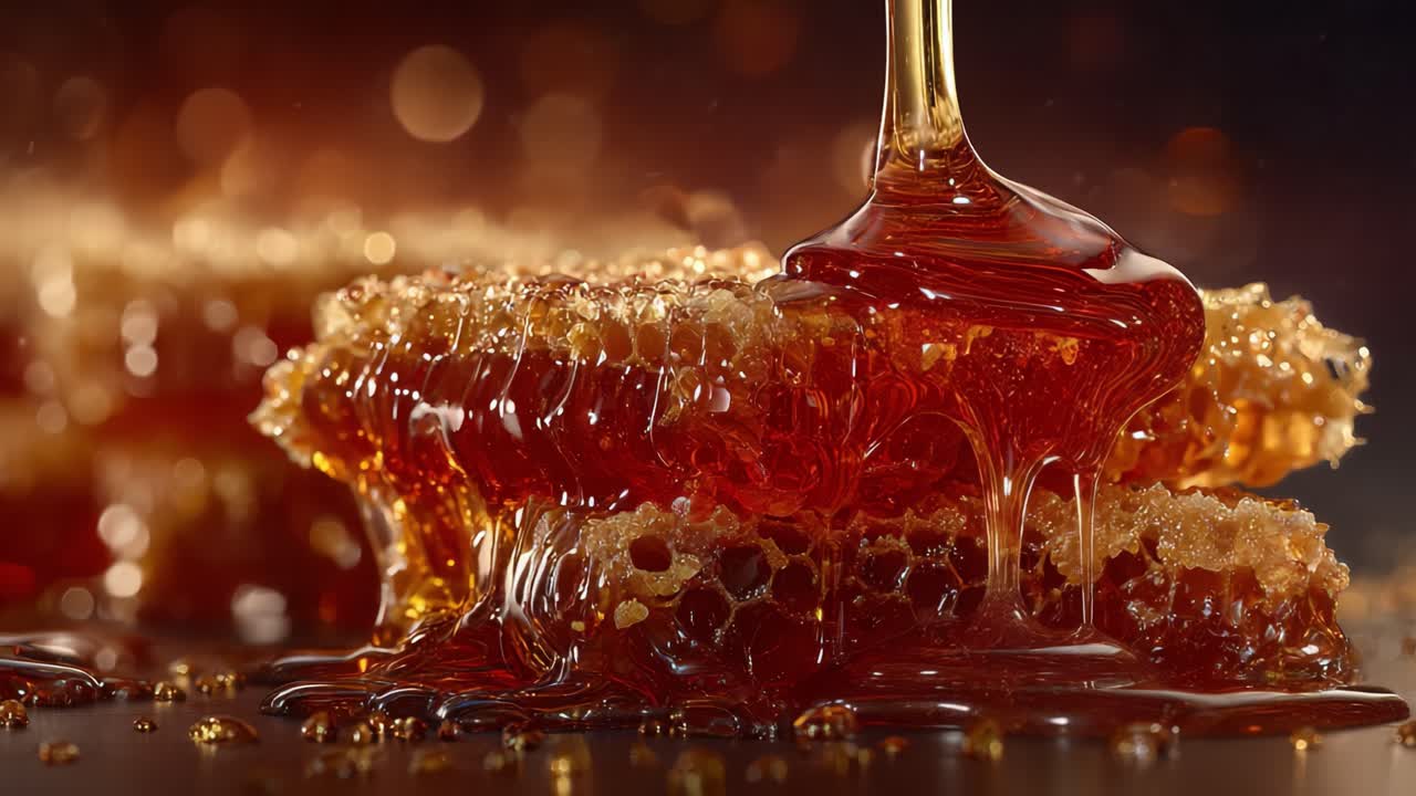Un magnifico primo piano di miele che cola da un favo squisito, evidenziandone il colore ricco e la consistenza in un'ambientazione affascinante di luce radiosa.
