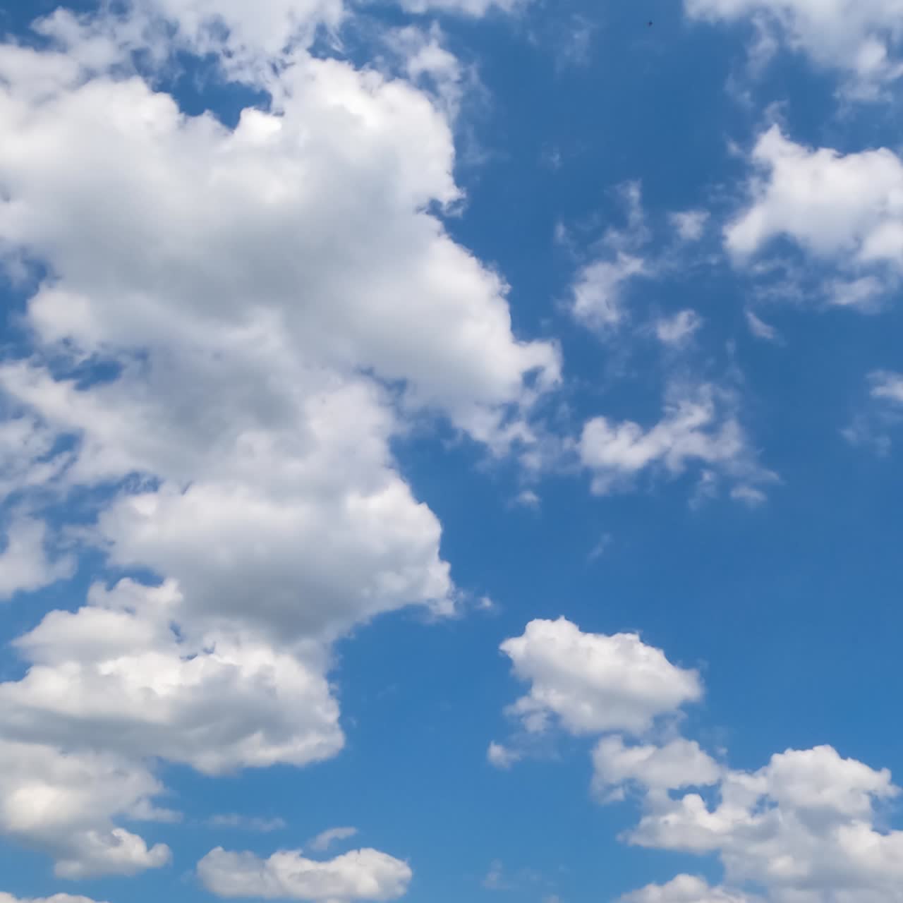 Little soft light cotton clouds changing shape in the blue skies. White clouds in the bright sunlight. Timelapse
