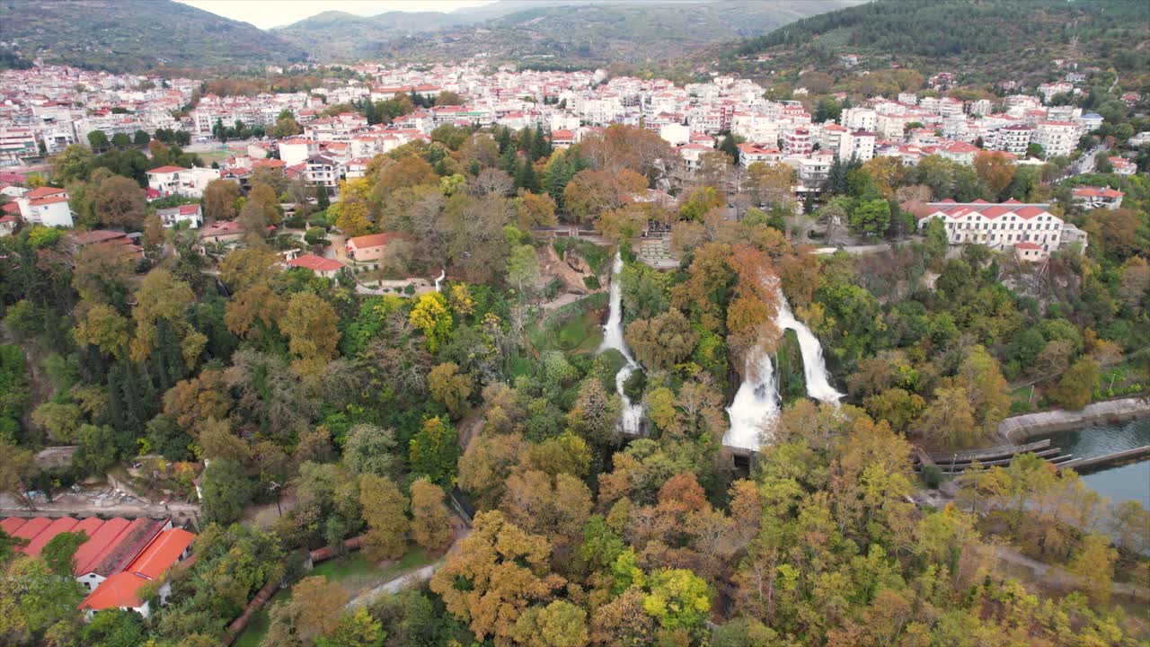 Edessa Greece Aerial Landscape Panoramic View of City Waterfalls and Nature, Point of Interest Shot