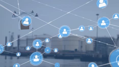 animación de la red de conexiones a través de drones con paquetes sobre el puerto