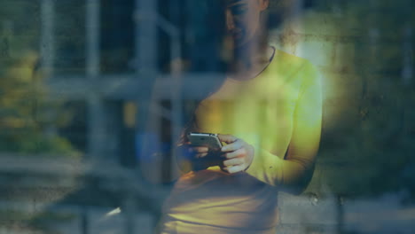 animation of woman using smartphone over cityscape