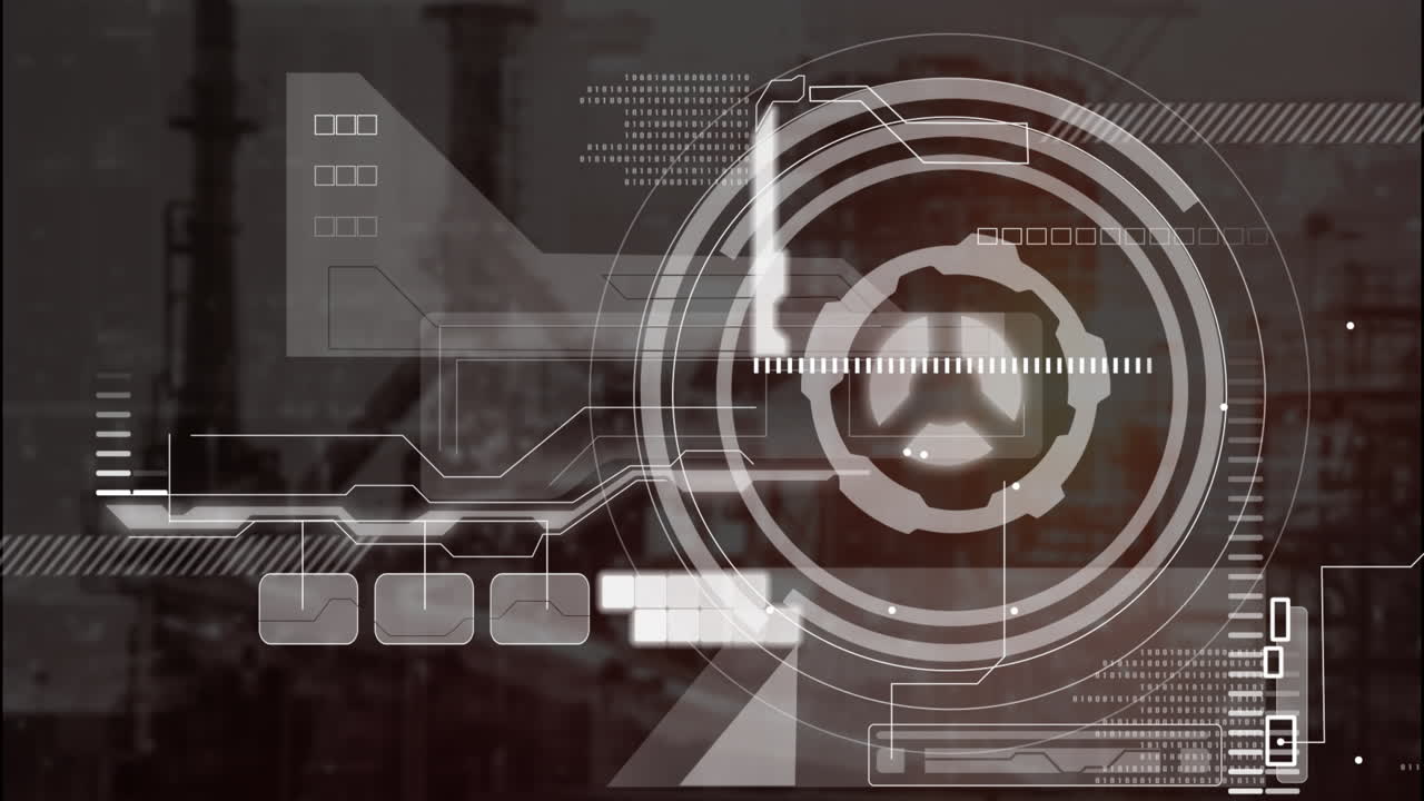Animation of data processing and scope scanning over cityscape background