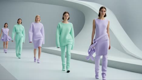 a striking display of modern fashion on the runway: models gracefully showcase soft color palette and innovative designs in a contemporary setting