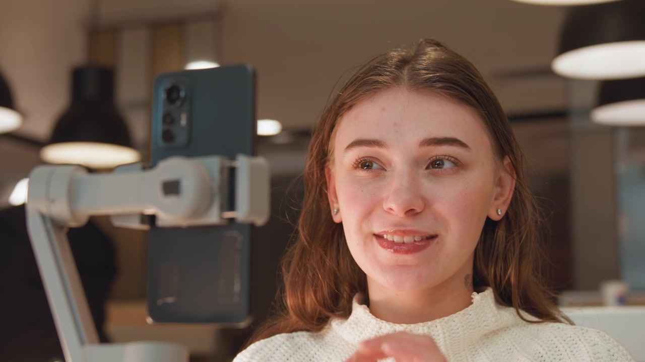 Young woman engages with smartphone mounted on handheld gimbal through sequence of friendly expressions and gestures: smiling toward camera, waving greeting, looking upward while listening, glancing