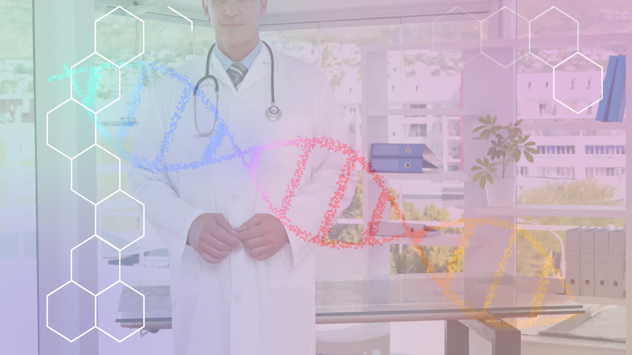 데이터 처리의 애니메이션과 dna 줄이 백인 남성 의사 위에 회전