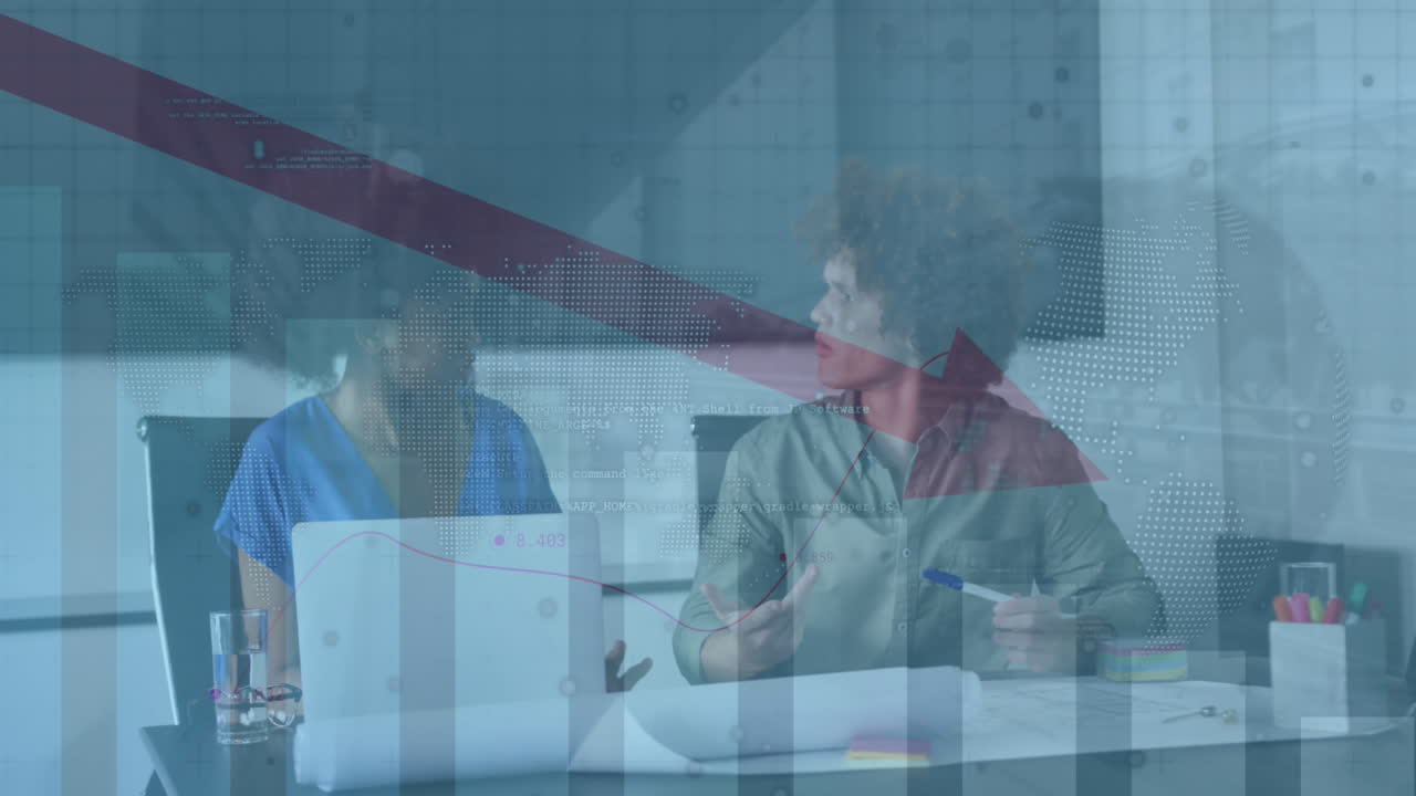 그래프의 애니메이션, 아래 화살표, 지구, 지도, 컴퓨터 언어, 다양한 동료들이 보고서를 논의합니다.