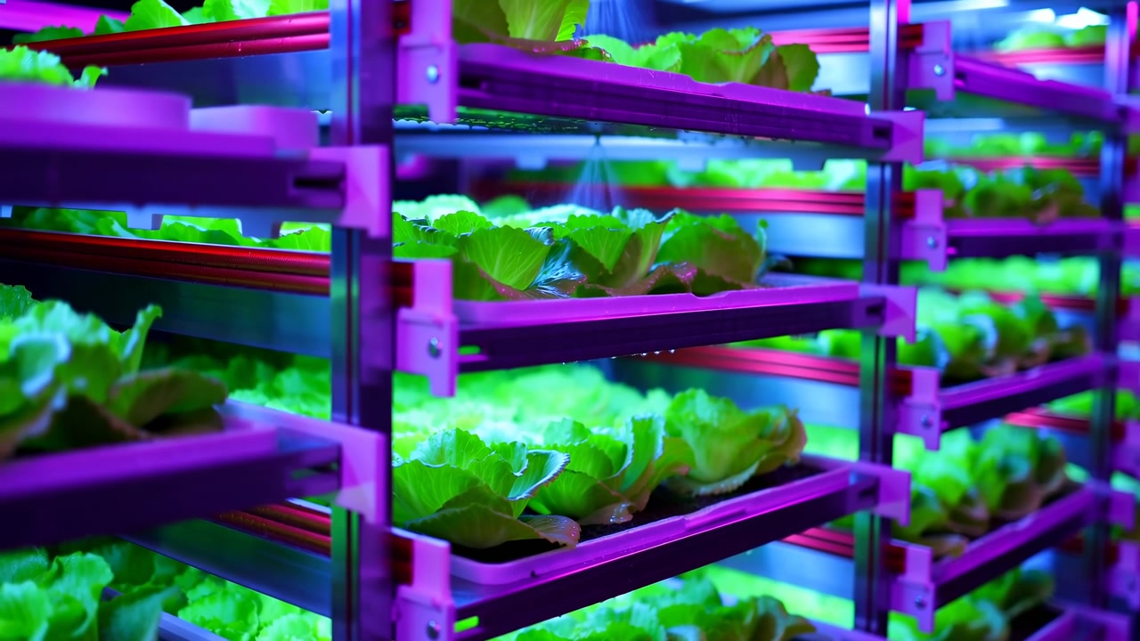 Ansicht auf Regalhöhe von mehrstufigen Hydroponik-Regalen, gefüllt mit reifem Blattsalat in flachen Schalen, beleuchtet von violetten und blauen LEDs, mit Tropfen, die durch saubere Reihen in kontrolliertem Innenanbau fallen.