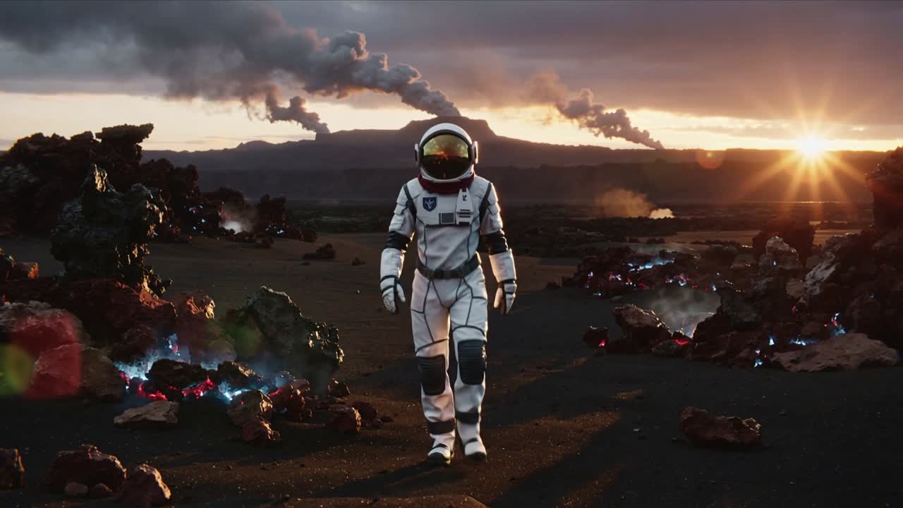 En hvidklædt astronaut går og begynder at krydse en lavaslette med blå udluftninger, nærmer sig kameraet, med et guldfarvet visir.