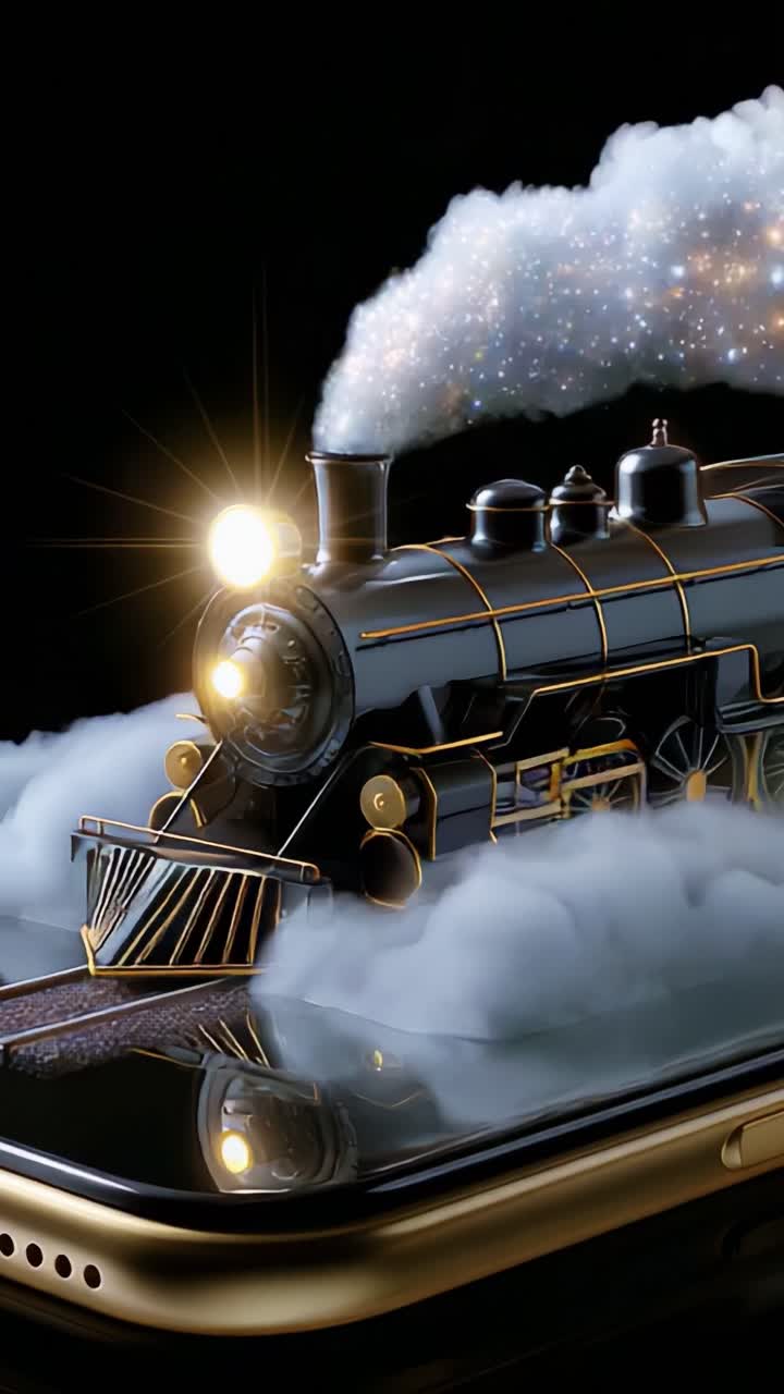 A captivating illustration of a vintage steam locomotive emerging dramatically from a sleek smartphone, surrounded by a misty cloud and glowing light, showcasing the intersection of technology and nostalgia