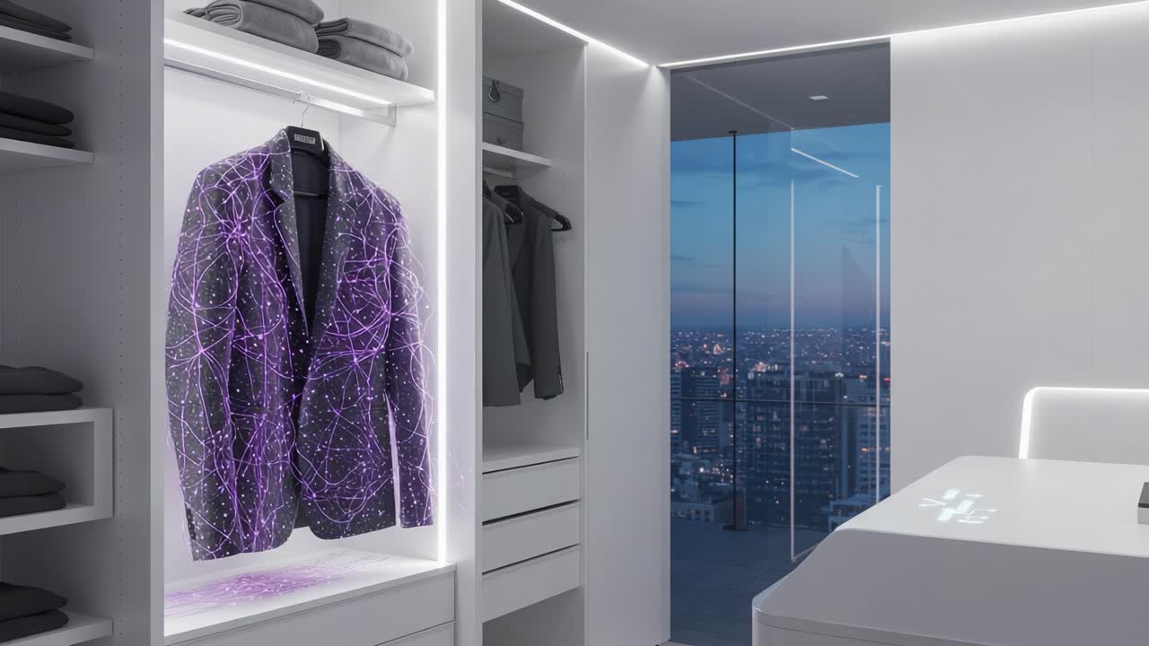 A Stylish Blazer Enhanced with Ethereal Light Patterns in a Modern Wardrobe Overlooking a Cityscape at Dusk
