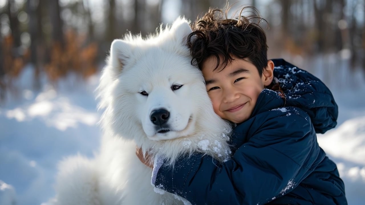 Szczęśliwy młody chłopiec uśmiechający się, mocno przytulając puszystego białego psa rasy Samoyed w zimowym lesie.
