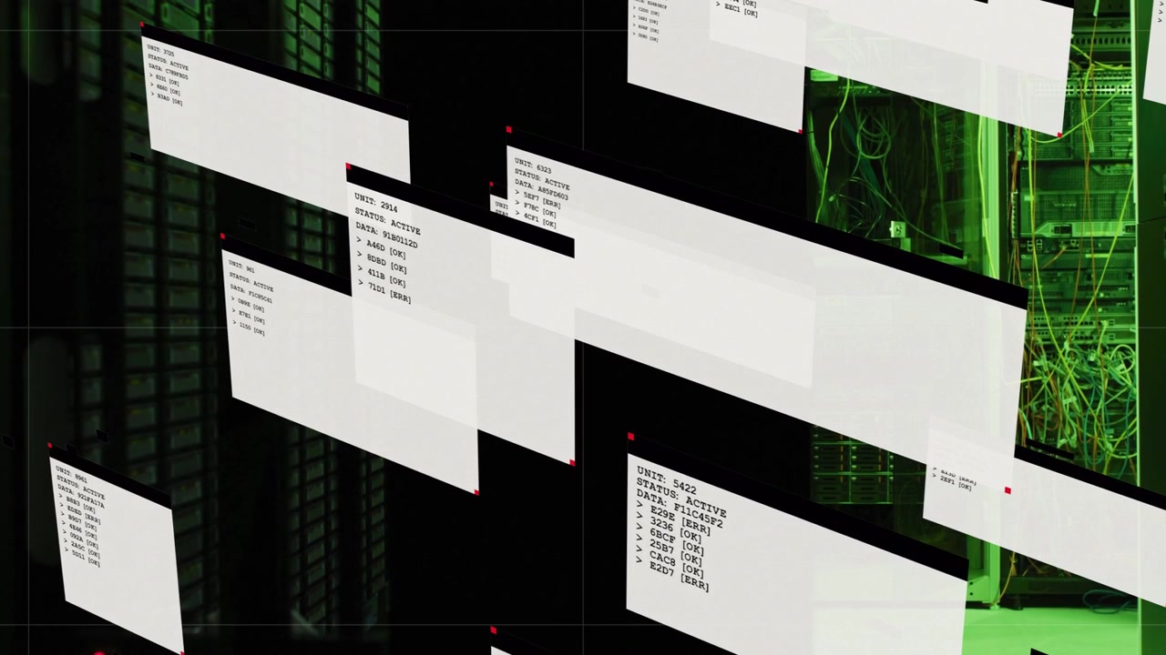 Floating status panels sliding right, triggered by network activity, displaying status over racks