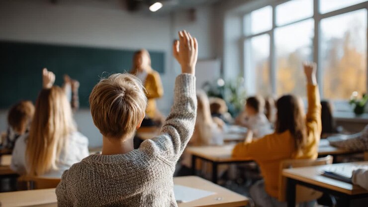 Engaged Students Actively Participating in Classroom Learning with Hands Raised to Answer Questions in a Bright, Inviting Educational Environment