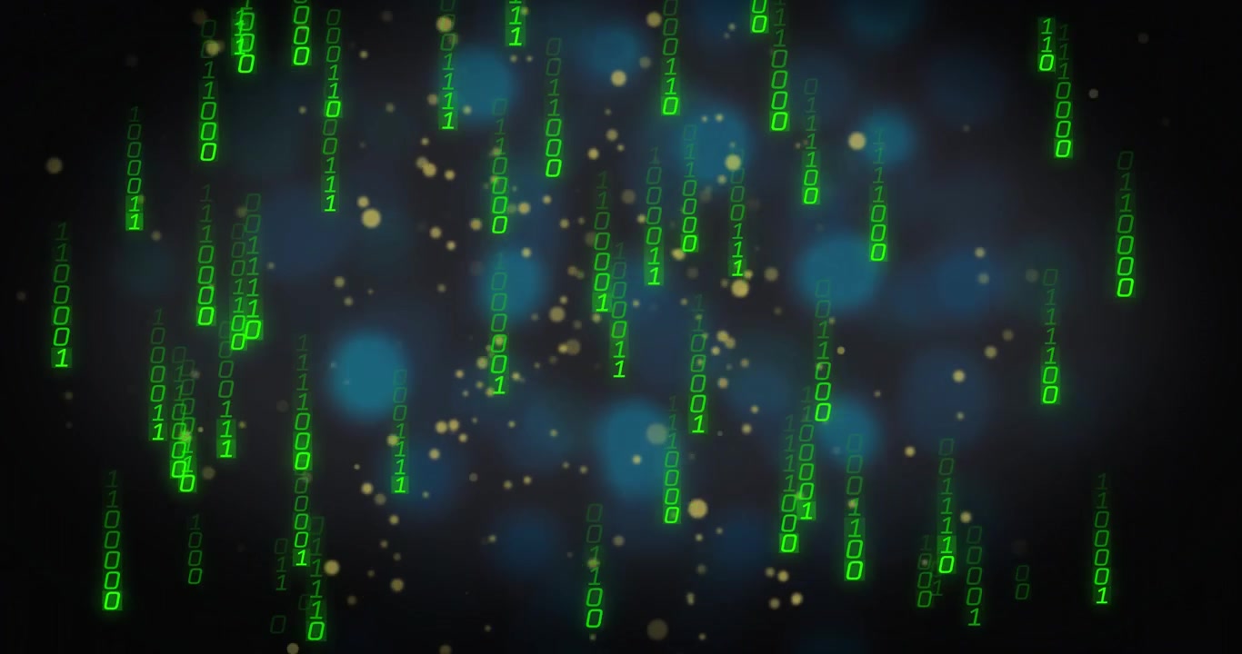 Top-edge digits starting falling green binary columns, multiplying to show data flow over bokeh