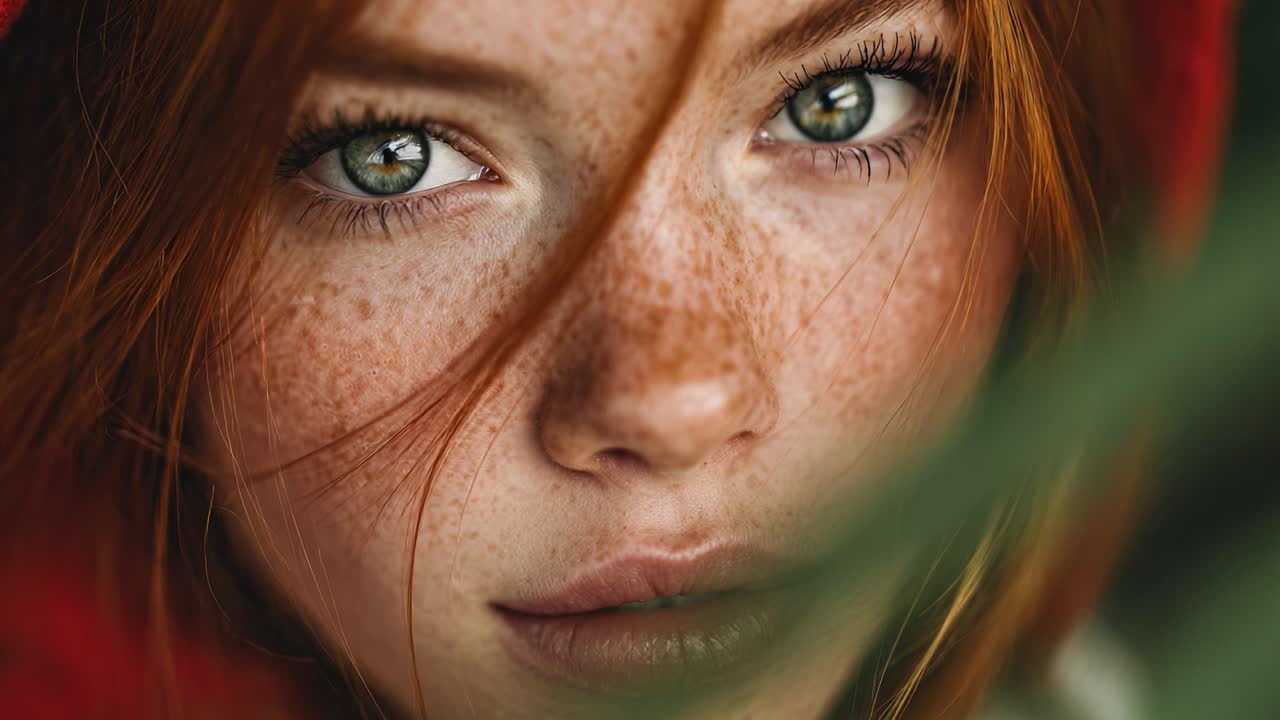 Captivating Close-Up of a Young Woman with Striking Green Eyes and Freckles Framed by Her Hair, Evoking Emotion and Intimacy in a Natural Setting
