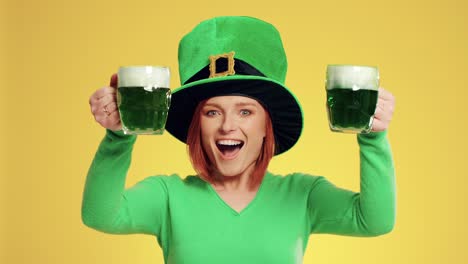 Woman-with-leprechaun's-hat-and-beer-celebrating-Saint-Patrick's-Day