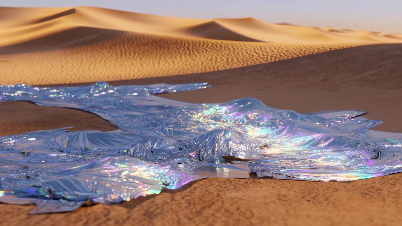 Scena in movimento con vista dal basso di un foglio iridescente lucido o di una superficie viscosa stesa sul primo piano sabbioso, che forma creste allungate, cumuli sporgenti e sottili.
