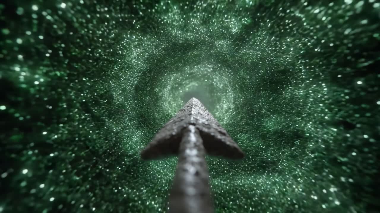 A Captivating Journey Through a Cosmic Green Vortex: Ascending Toward an Enigmatic Destination, Illuminated by Countless Glittering Particles