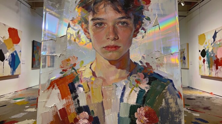Panning camera operator moving at gallery, documenting portrait canvas, rainbow bands