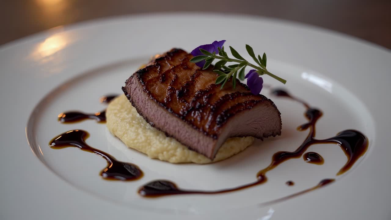 Close-up angle of gourmet steak on a white plate, garnished with herbs and sauce