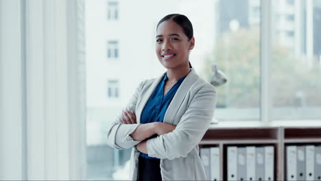 Crossed-arms,-happy-and-face-of-businesswoman