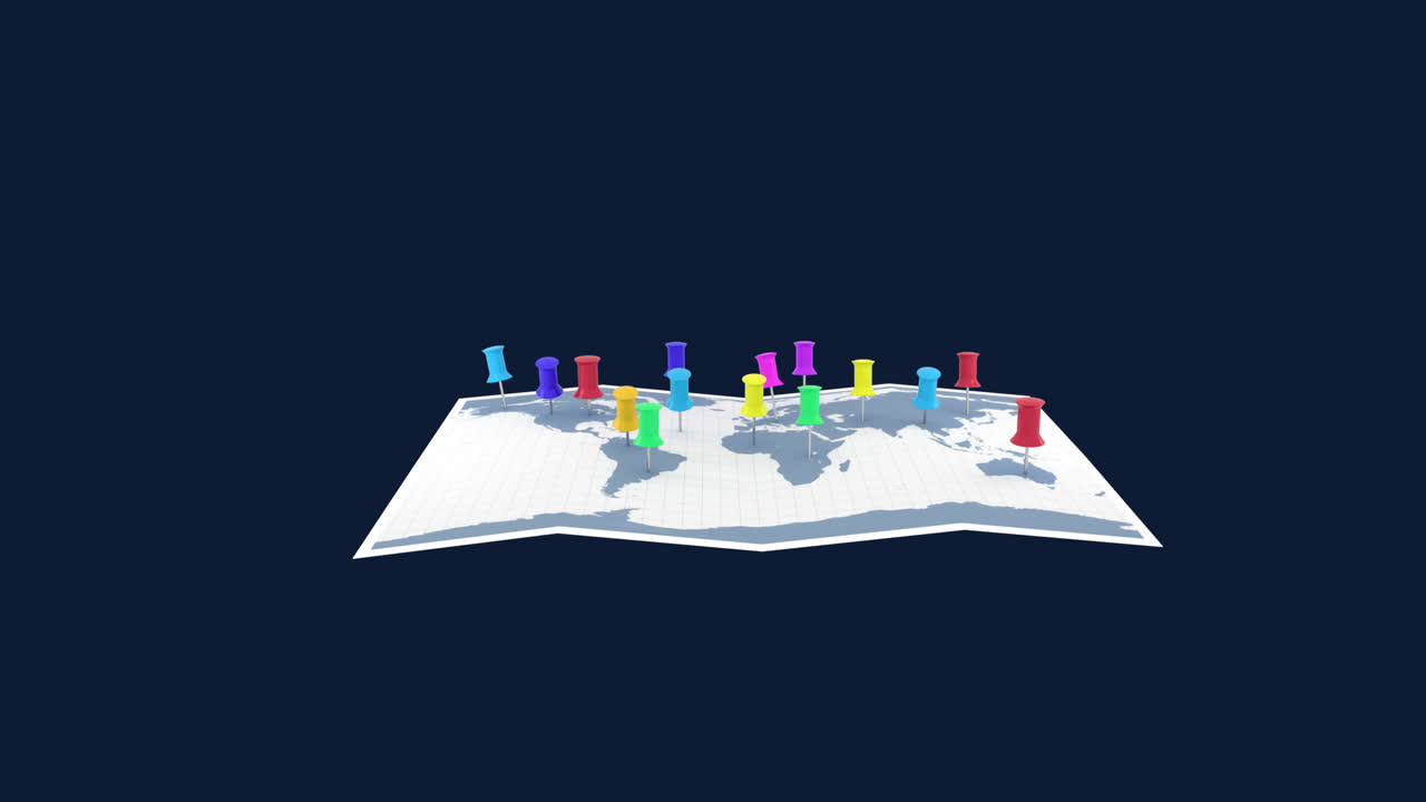 Animation of multi coloured location pins on world map over blue background