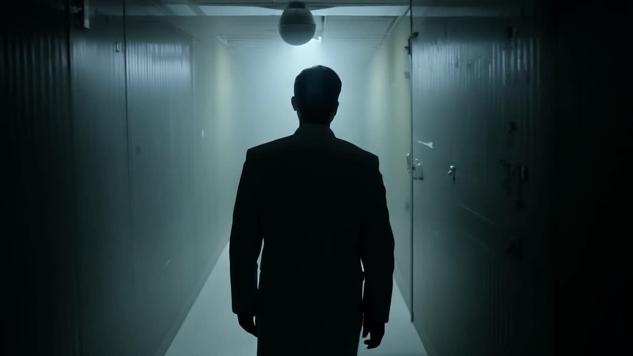 A man in a white suit walks down a dark corridor
