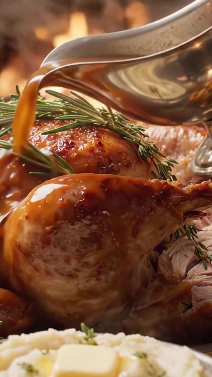 A feast of golden roasted turkey garnished with rosemary, served alongside creamy mashed potatoes topped with butter, set against the warm glow of a roaring fireplace.