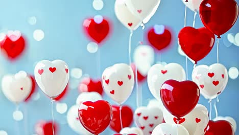 a bunch of red and white heart shaped balloons floating in the air